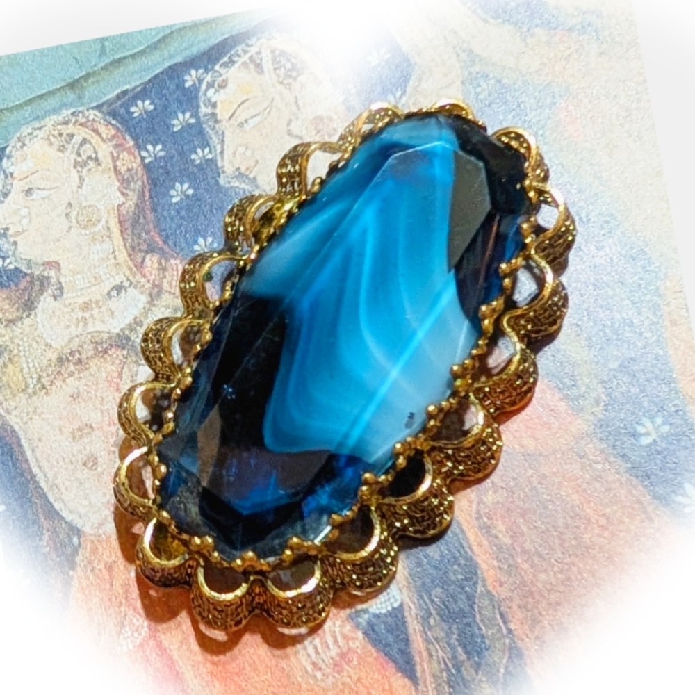VTG 1940s Large Blue Slag Glass Filigree Brooch - Picture 5 of 5
